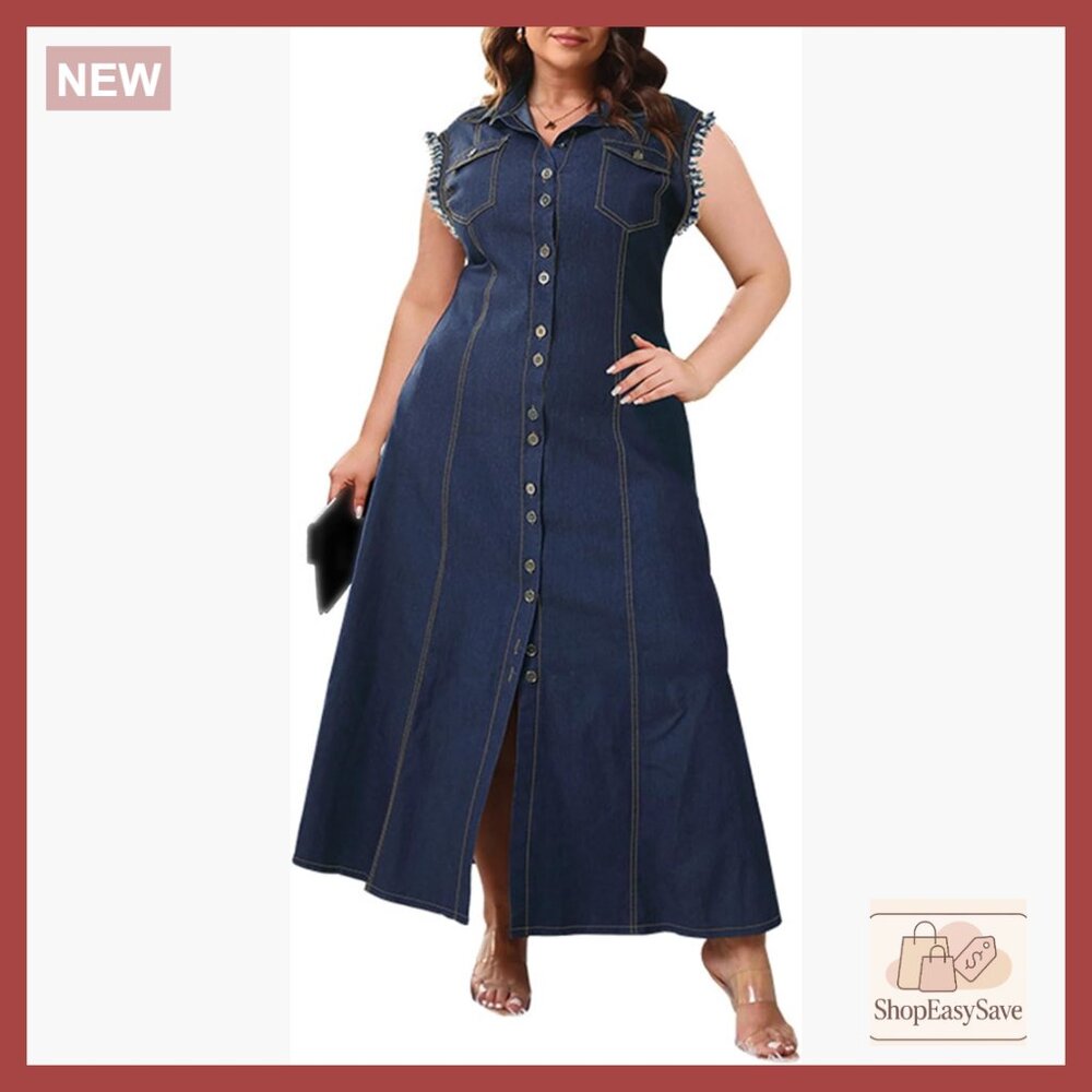 Sleeveless Denim Maxi Dress V Neck A Line Button Closure Plus Size Casual